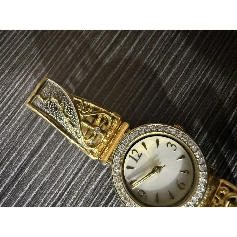 Mother Of Pearl Womens Gold Tone Cross Watch Stretch Christian Band New Battery